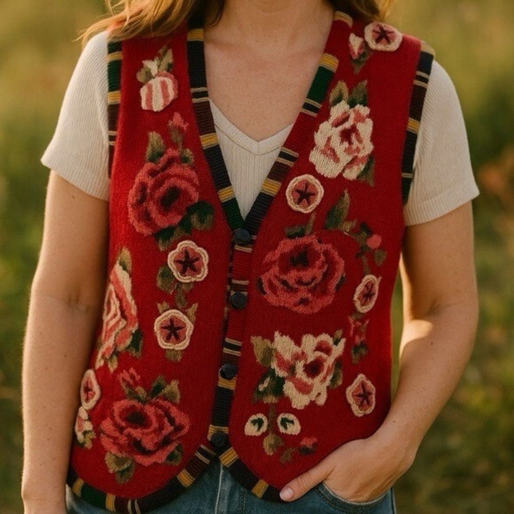Vintage-Inspired Red Floral Knit Vest